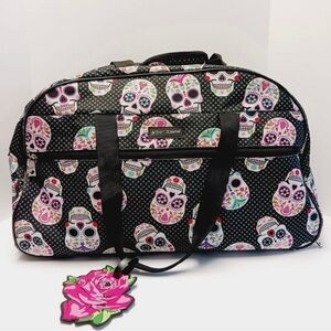 Betsey Johnson Sugar Skull Rolling Weekender Carryon Duffel Luggage NWT